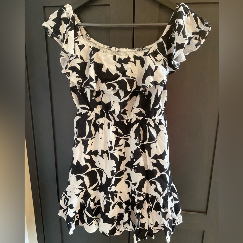 🖤🌿 Black White Floral Midi Dress Ruffle Sleeves Cottagecore Romantic Size S